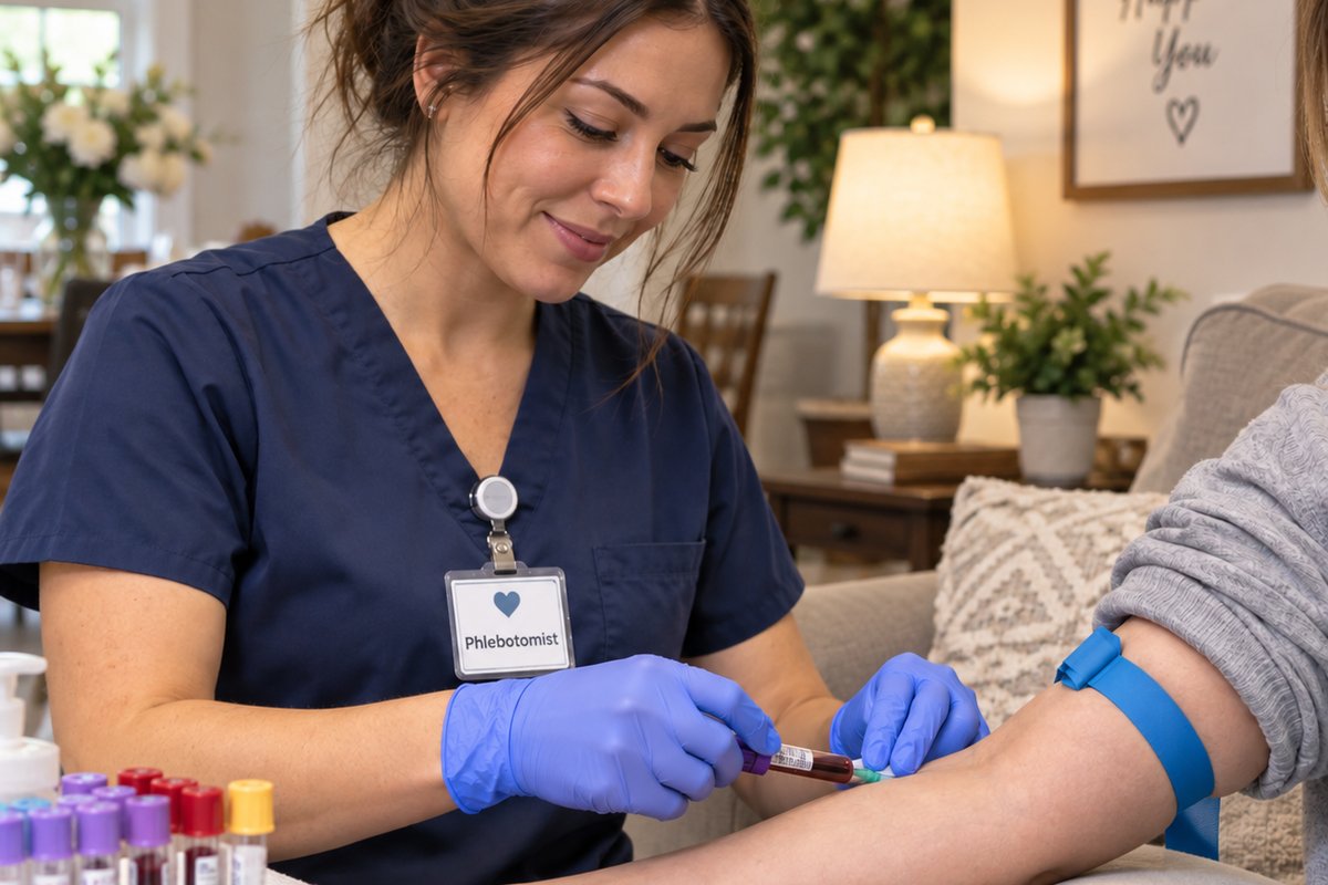 Female CertiScreen phlebotomist providing compassionate mobile blood draw service in patient's home